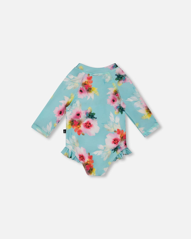 Kids Rashguard Swimsuit – Turquoise Floral UPF 50+ by Deux par Deux