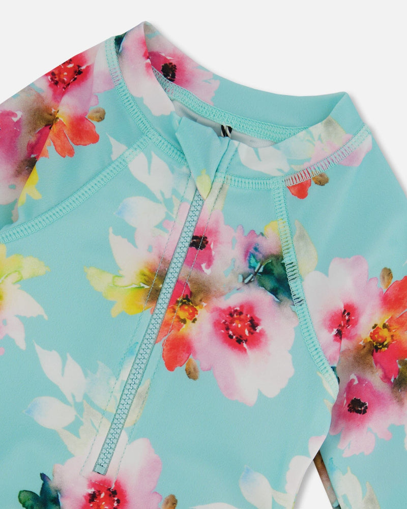 Kids Rashguard Swimsuit – Turquoise Floral UPF 50+ by Deux par Deux