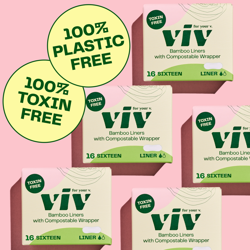 Several boxes of 100% toxin free and 100% plastic free bamboo liners with compostable wrapper.