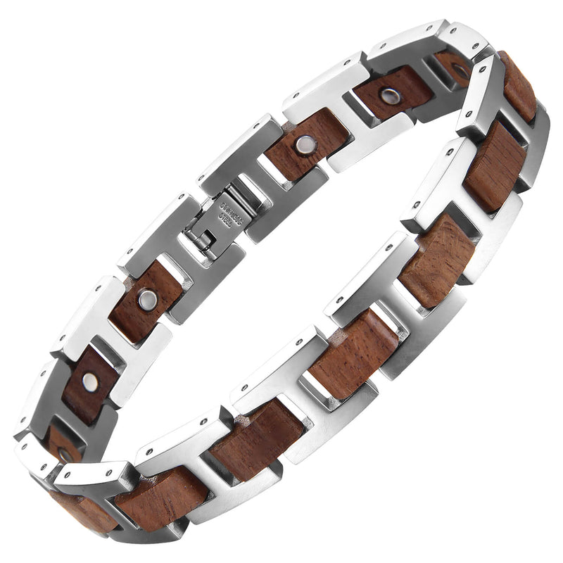 Wood and Stainless Steel Magnetic Bracelet in Black, Silver, and Brown