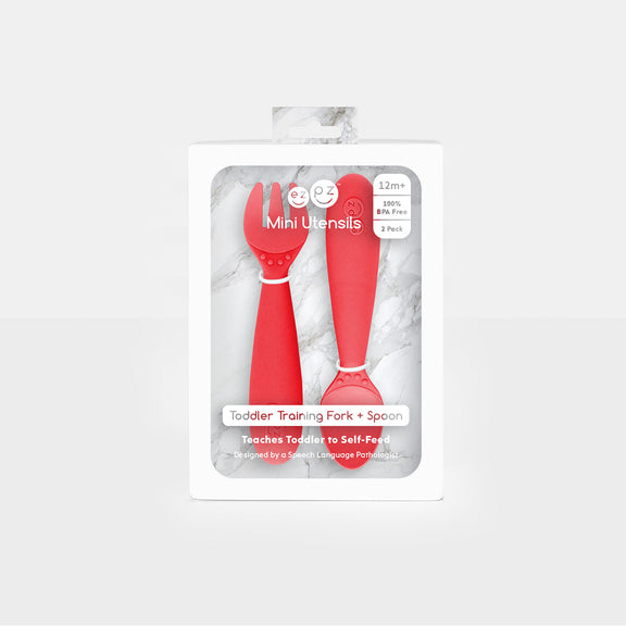 Mini Utensils in Coral by ezpz / Sensory Silicone Fork & Spoon for Toddlers #color_coral