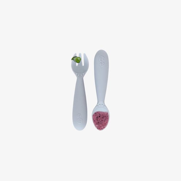 Mini Utensils in Pewter by ezpz / Sensory Silicone Fork & Spoon for Toddlers #color_pewter