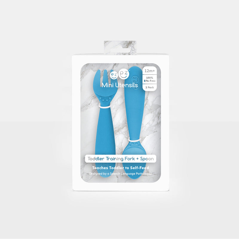 Mini Utensils in Blue by ezpz / Sensory Silicone Fork & Spoon for Toddlers #color_blue