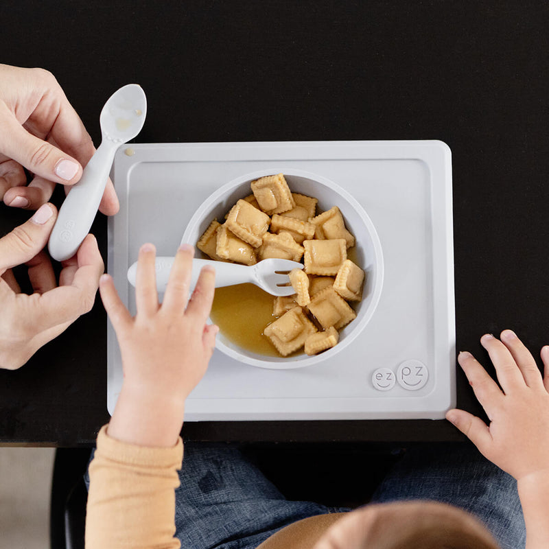 Mini Utensils in Pewter by ezpz / Sensory Silicone Fork & Spoon for Toddlers #color_pewter