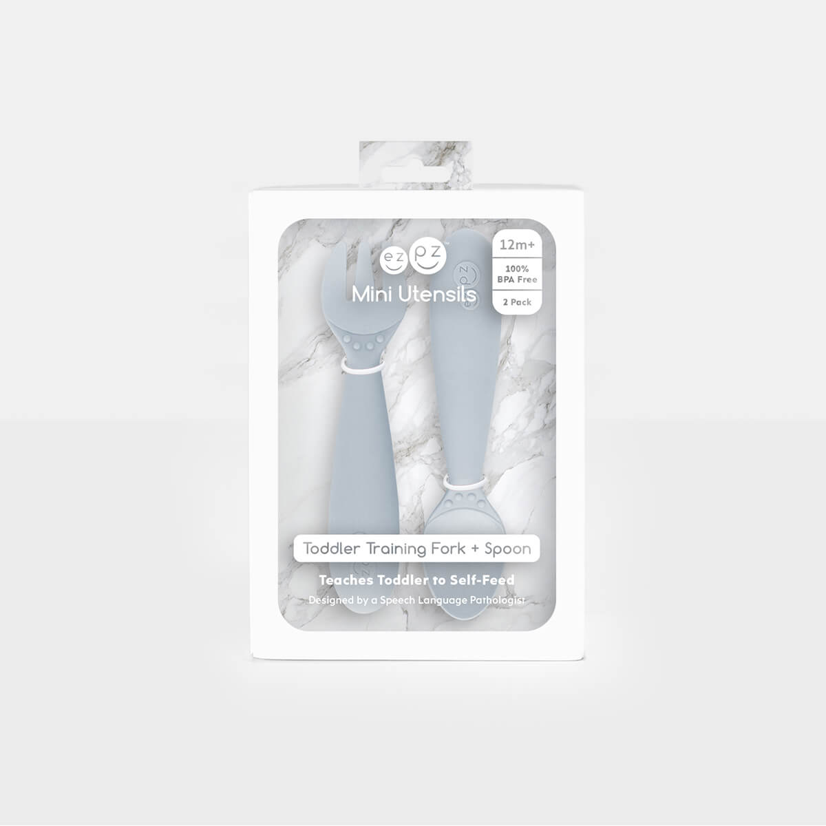 Mini Utensils in Pewter by ezpz / Sensory Silicone Fork & Spoon for Toddlers #color_pewter