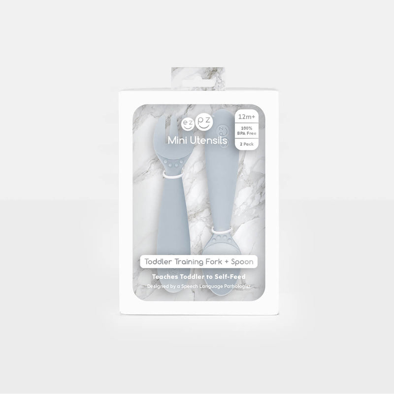 Mini Utensils in Pewter by ezpz / Sensory Silicone Fork & Spoon for Toddlers #color_pewter