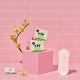 A set of two boxes with biodegradable bamboo liners resting on a pink box in a pink tile bathroom with flowers in the background. A sustainable panty liner is seen standing up. 