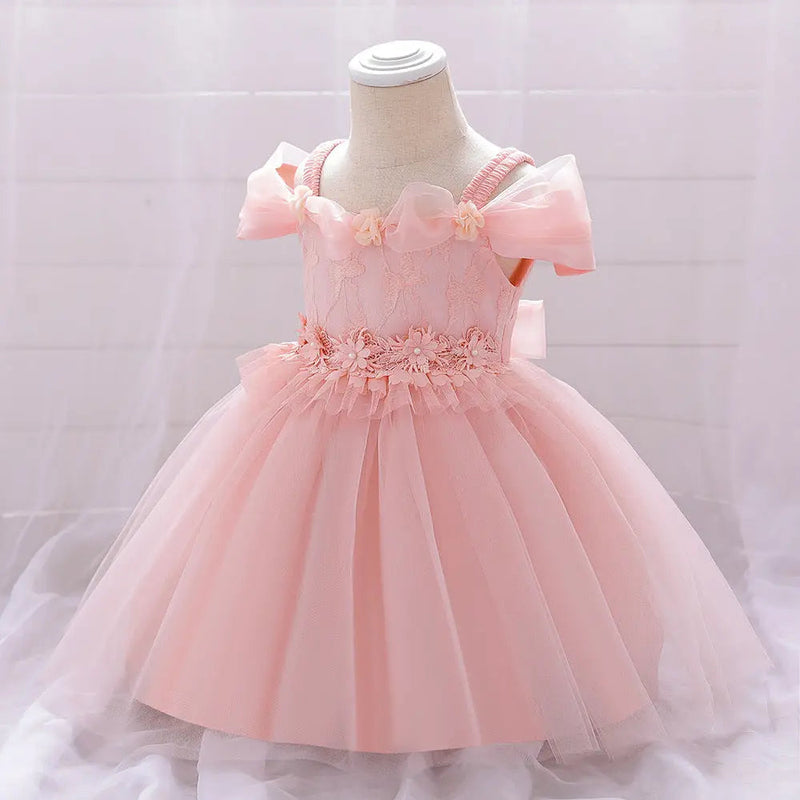 Newborn Baby Girl Birthday Baptism Dress One Shoulder Puff Sleeves Princess Dress, MyKids-USA®, Baby & Toddler Dresses, MyKids-USA - Size/Age - 73 (6-9M) - Color - Pink -  -  - JM2206172232