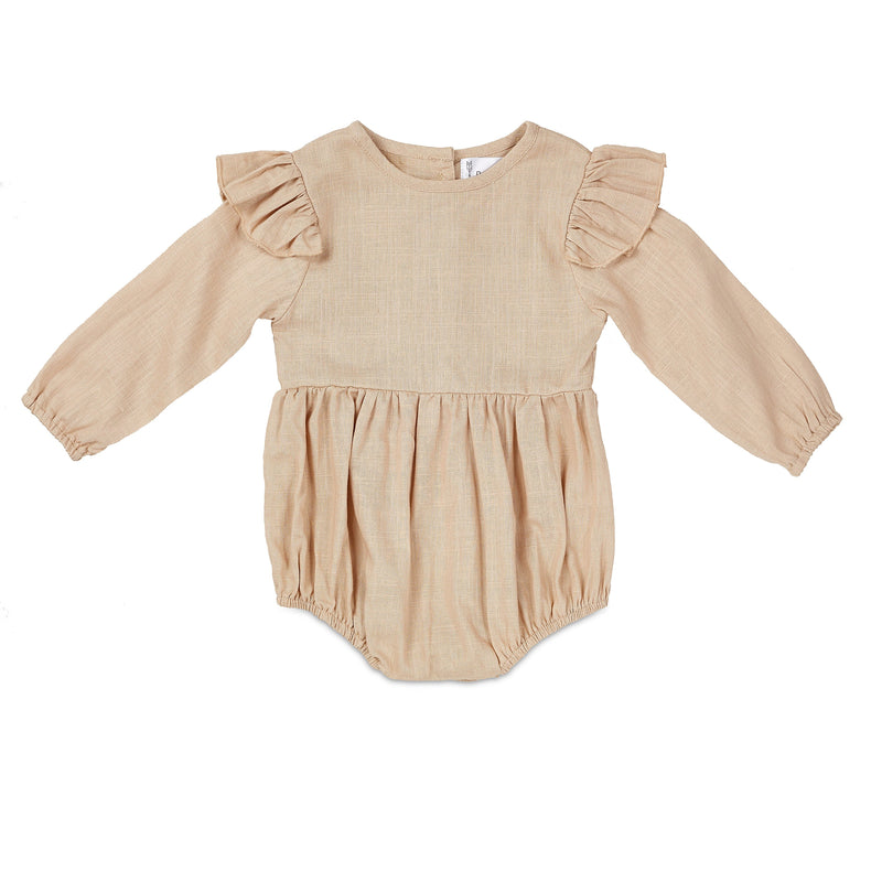 Oatmeal Linen Flutter Sleeve Baby Romper – Soft & Stylish by Babe Basics