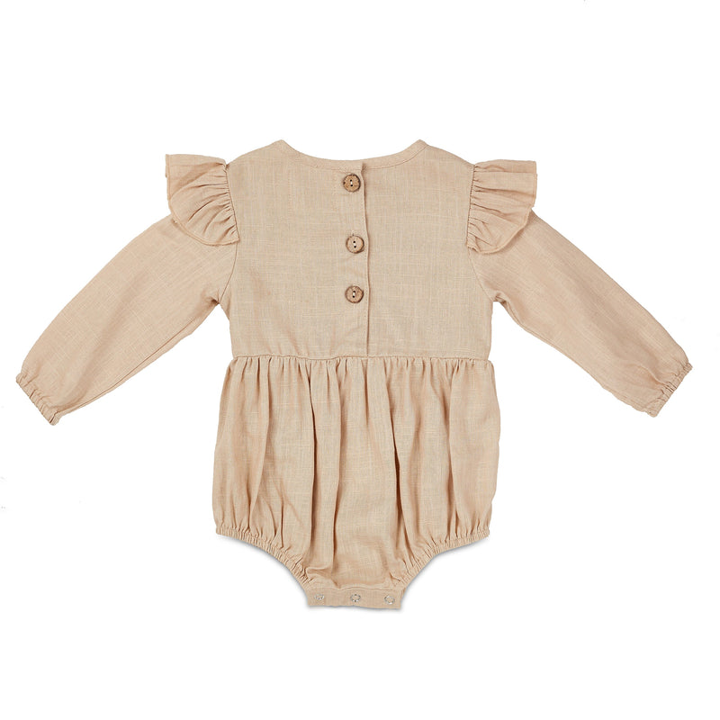 Oatmeal Linen Flutter Sleeve Baby Romper – Soft & Stylish by Babe Basics