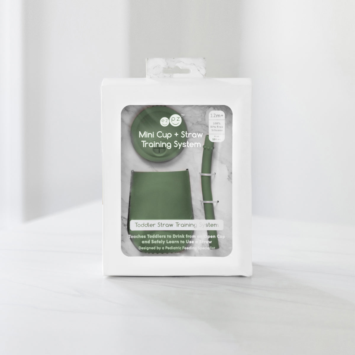 The Mini Cup + Straw in Olive by ezpz / Silicone Drinking Cup and Straw Training System for Toddlers #color_olive