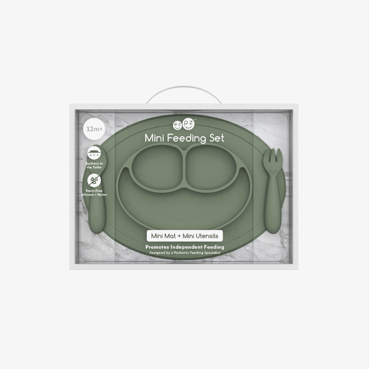 Mini Feeding Set in Olive by ezpz / Silicone Plate, Fork & Spoon for Toddlers #color_olive