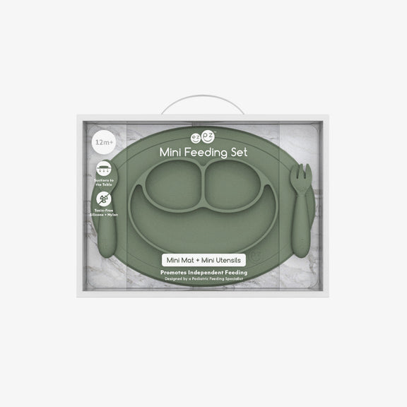 Mini Feeding Set in Olive by ezpz / Silicone Plate, Fork & Spoon for Toddlers #color_olive