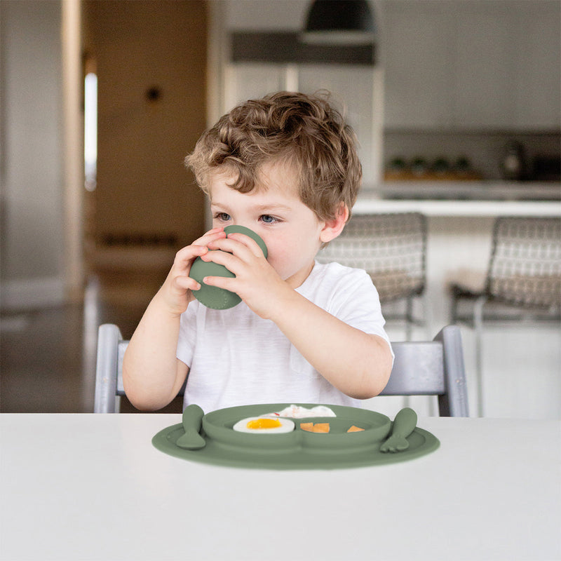 Mini Feeding Set in Olive by ezpz / Silicone Plate, Fork & Spoon for Toddlers #color_olive
