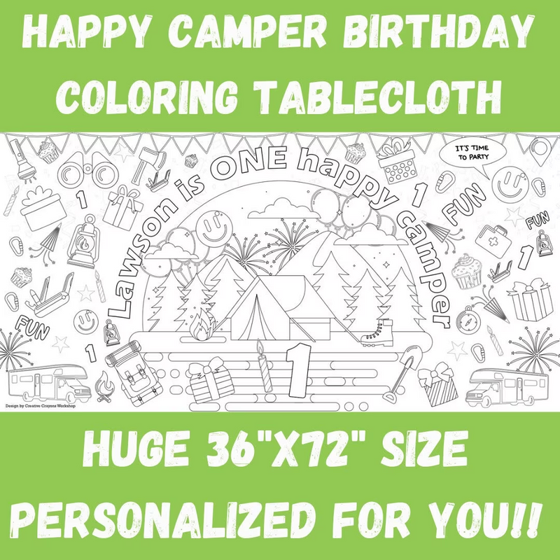 One Happy Camper Birthday Coloring Tablecloth – Jumbo Camping Party Activity Cover