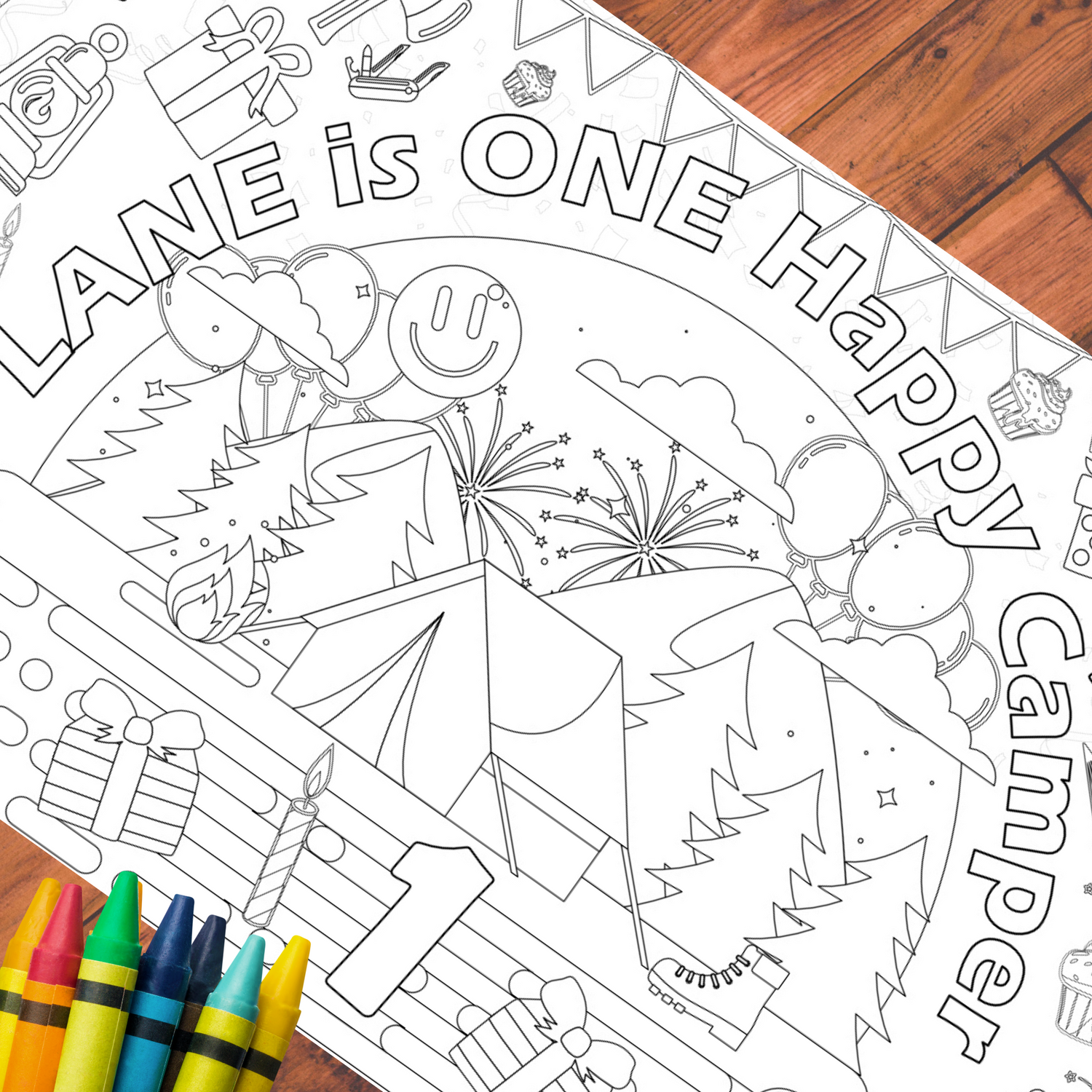 One Happy Camper Birthday Coloring Tablecloth – Jumbo Camping Party Activity Cover