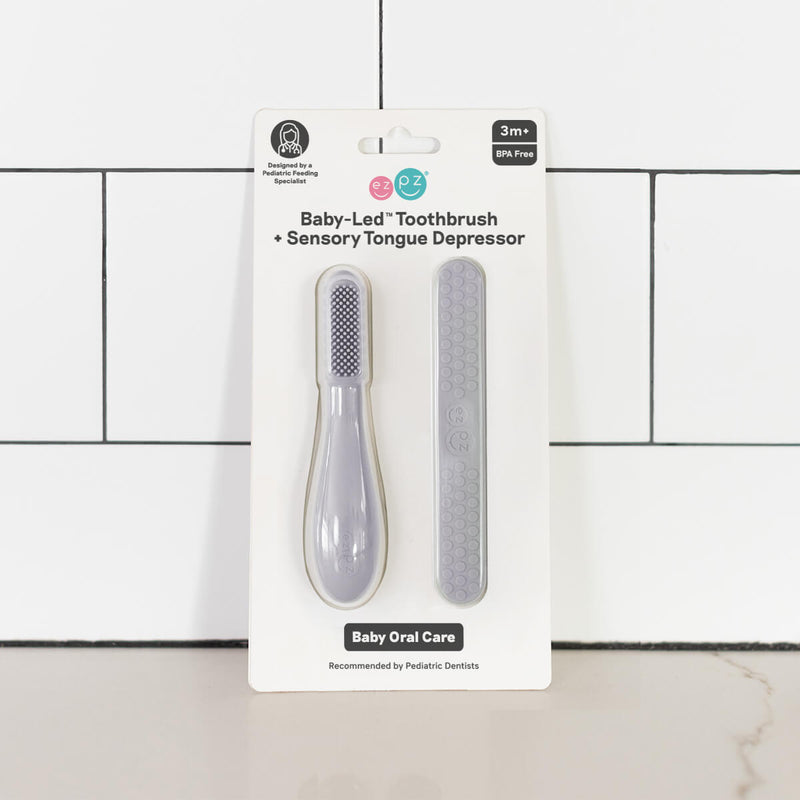 ezpz baby led toothbrush and sensory tongue depressor in pewter gray #color_pewter