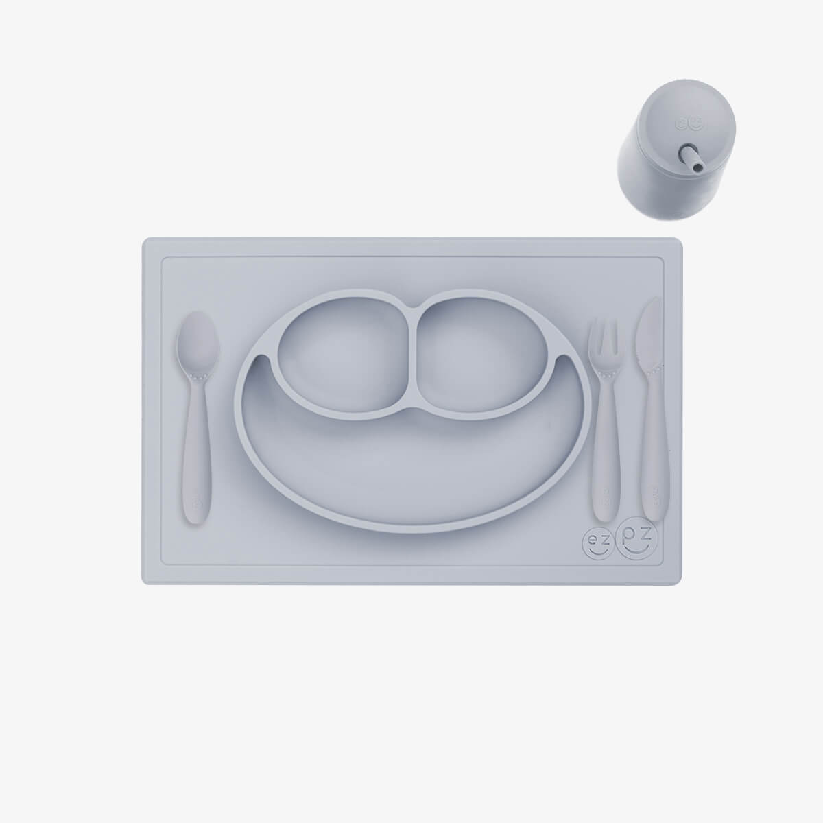 ezpz Happy Feeding Set in Pewter / Silicone, Self-Suctioning Plate, Silicone Cup and Straw, Training Utensils for Toddlers #color_pewter