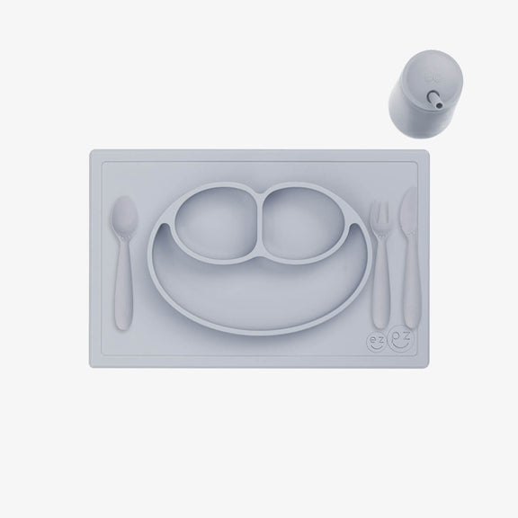 ezpz Happy Feeding Set in Pewter / Silicone, Self-Suctioning Plate, Silicone Cup and Straw, Training Utensils for Toddlers #color_pewter