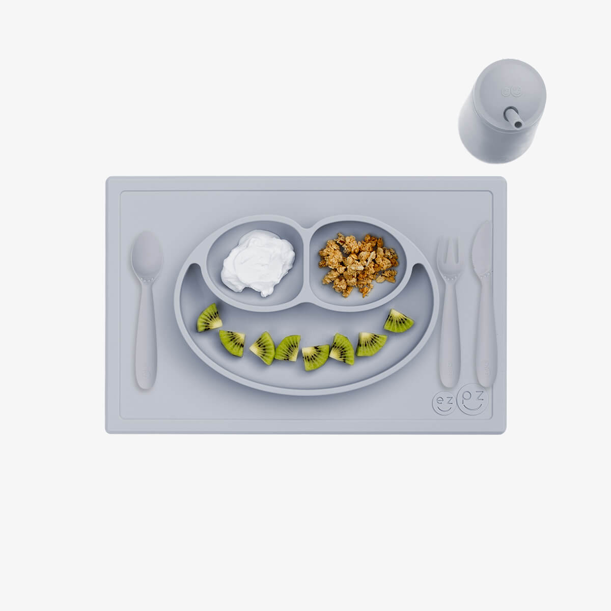 ezpz Happy Feeding Set in Pewter / Silicone, Self-Suctioning Plate, Silicone Cup and Straw, Training Utensils for Toddlers #color_pewter