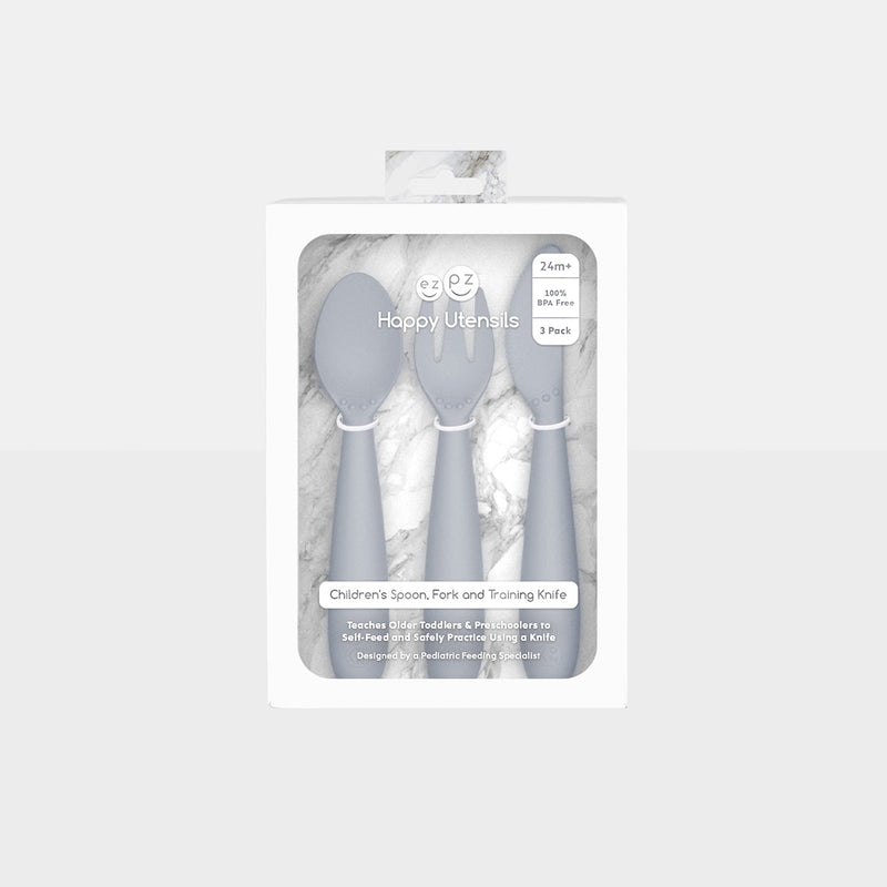Happy Utensils in Pewter by ezpz / Silicone Spoon, Fork and Knife Set for Kids #color_pewter