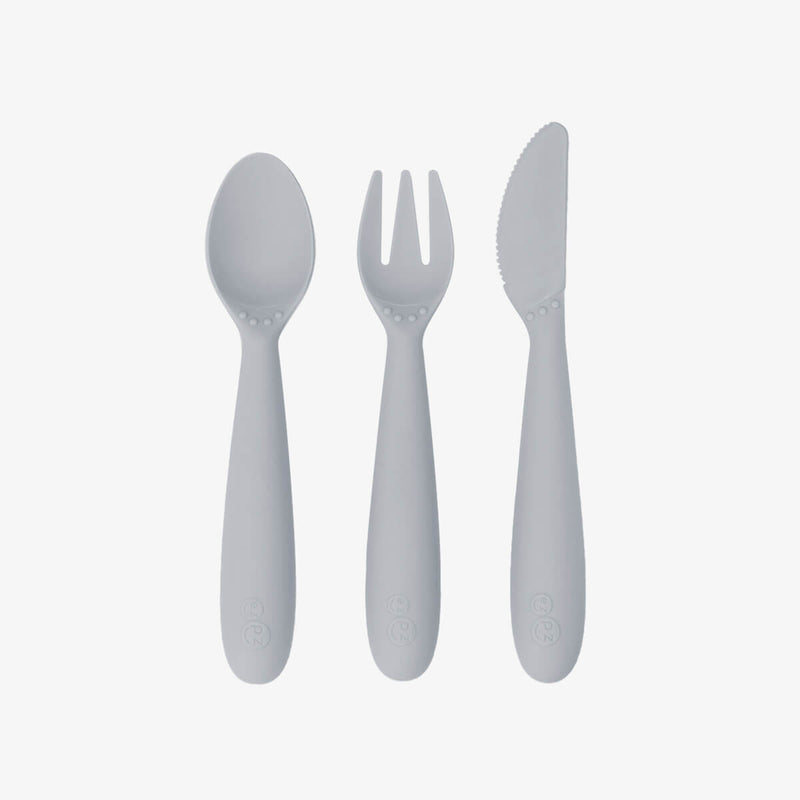 Happy Utensils in Pewter by ezpz / Silicone Spoon, Fork and Knife Set for Kids #color_pewter