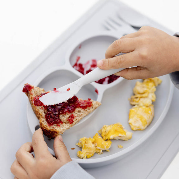 Happy Utensils in Pewter by ezpz / Silicone Spoon, Fork and Knife Set for Kids #color_pewter