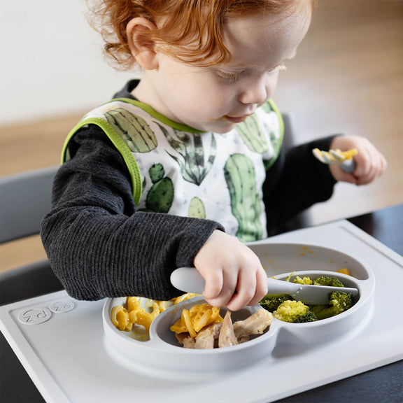 Happy Utensils in Pewter by ezpz / Silicone Spoon, Fork and Knife Set for Kids #color_pewter