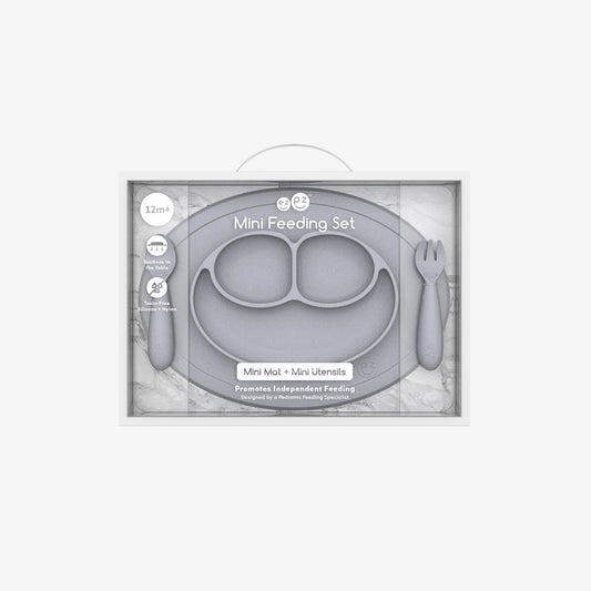 Mini Feeding Set in Pewter by ezpz / Silicone Plate, Fork & Spoon for Toddlers #color_pewter
