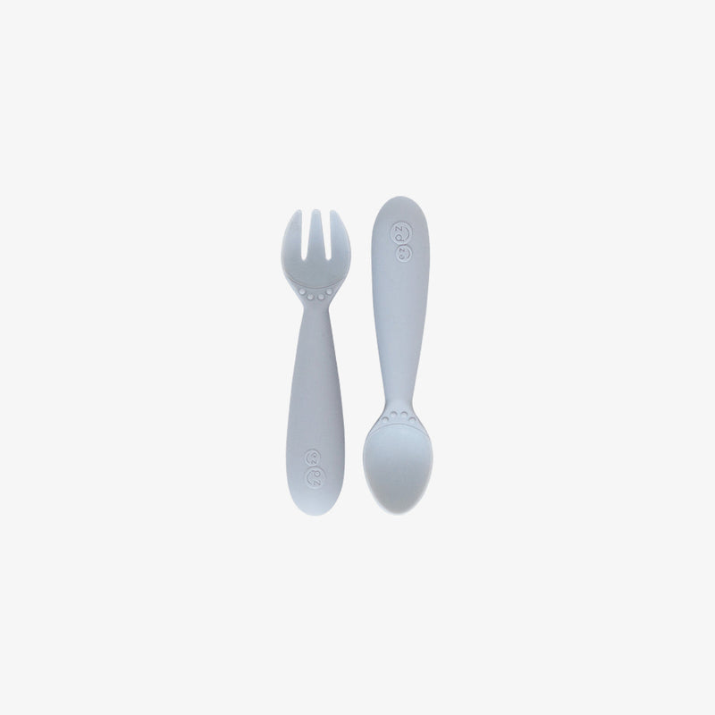 Mini Utensils in Pewter by ezpz / Sensory Silicone Fork & Spoon for Toddlers #color_pewter