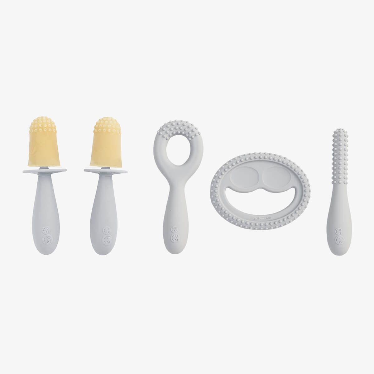 Pre-feeding set by ezpz in pewter light gray includes the tiny pops and oral development tools (silicone teethers) #color_pewter / Pre-Feeding Set – Build Baby’s First Skills for Babies & Toddlers by ezpz