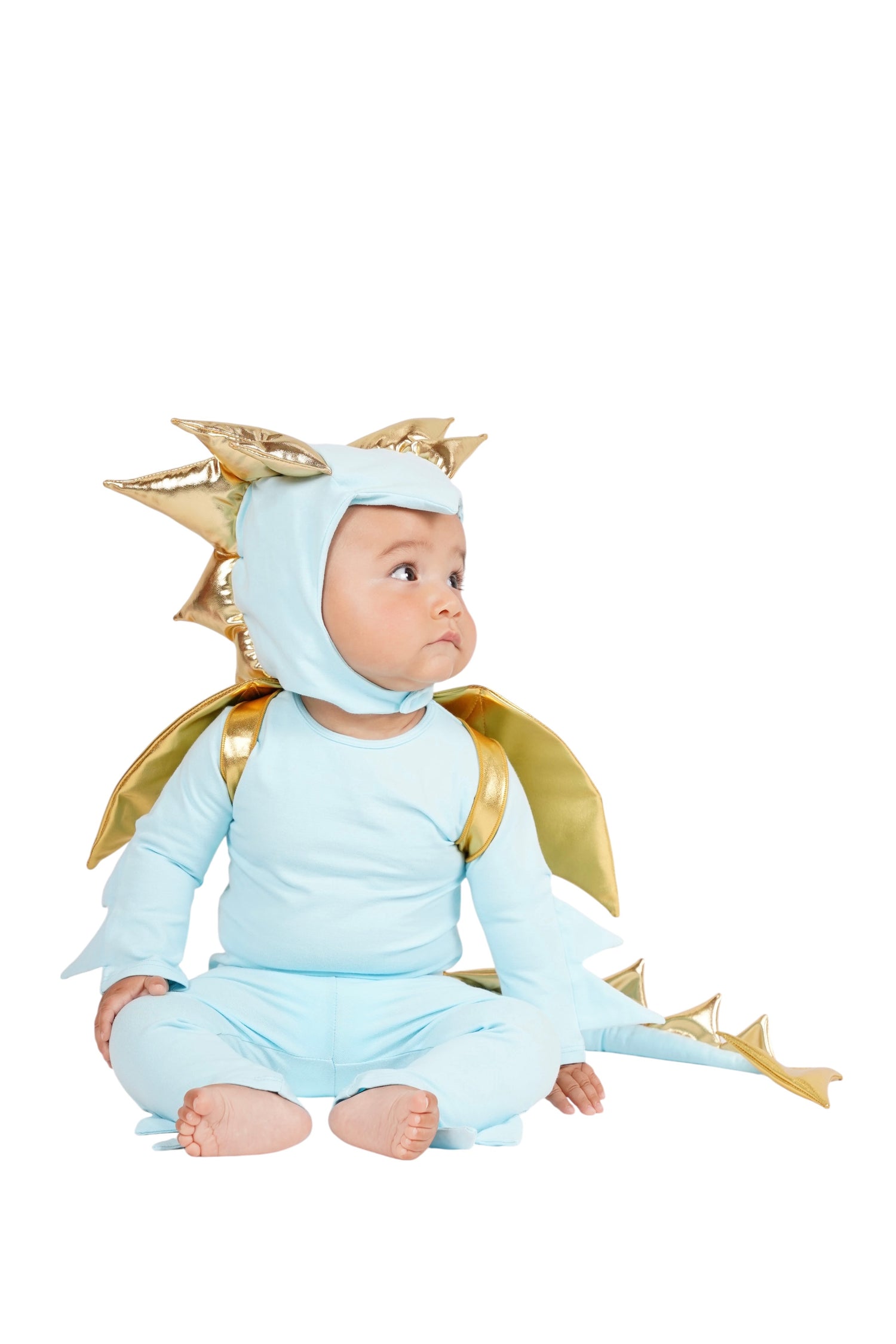 Baby in a blue dragon costume with gold accents, baby dinosaur costume