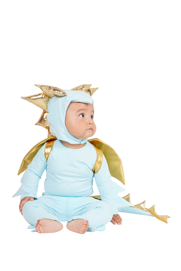 Baby in a blue dragon costume with gold accents, baby dinosaur costume