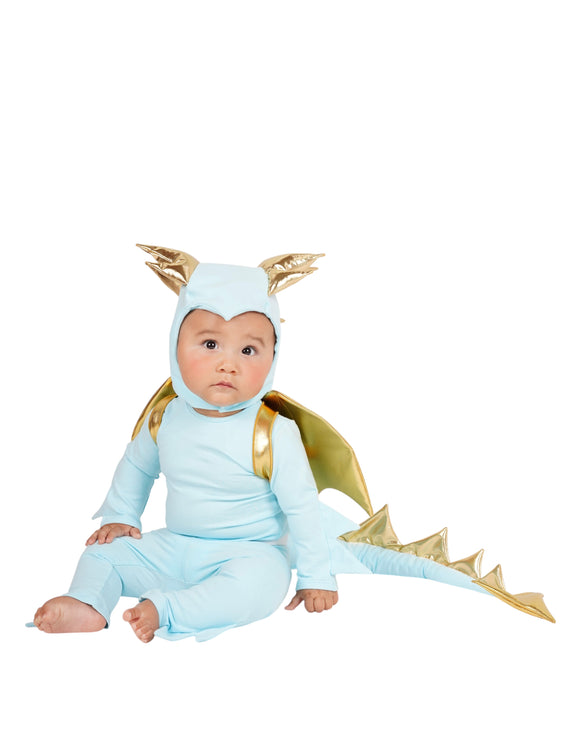 Baby in a blue dragon costume with gold accents, baby dinosaur costume