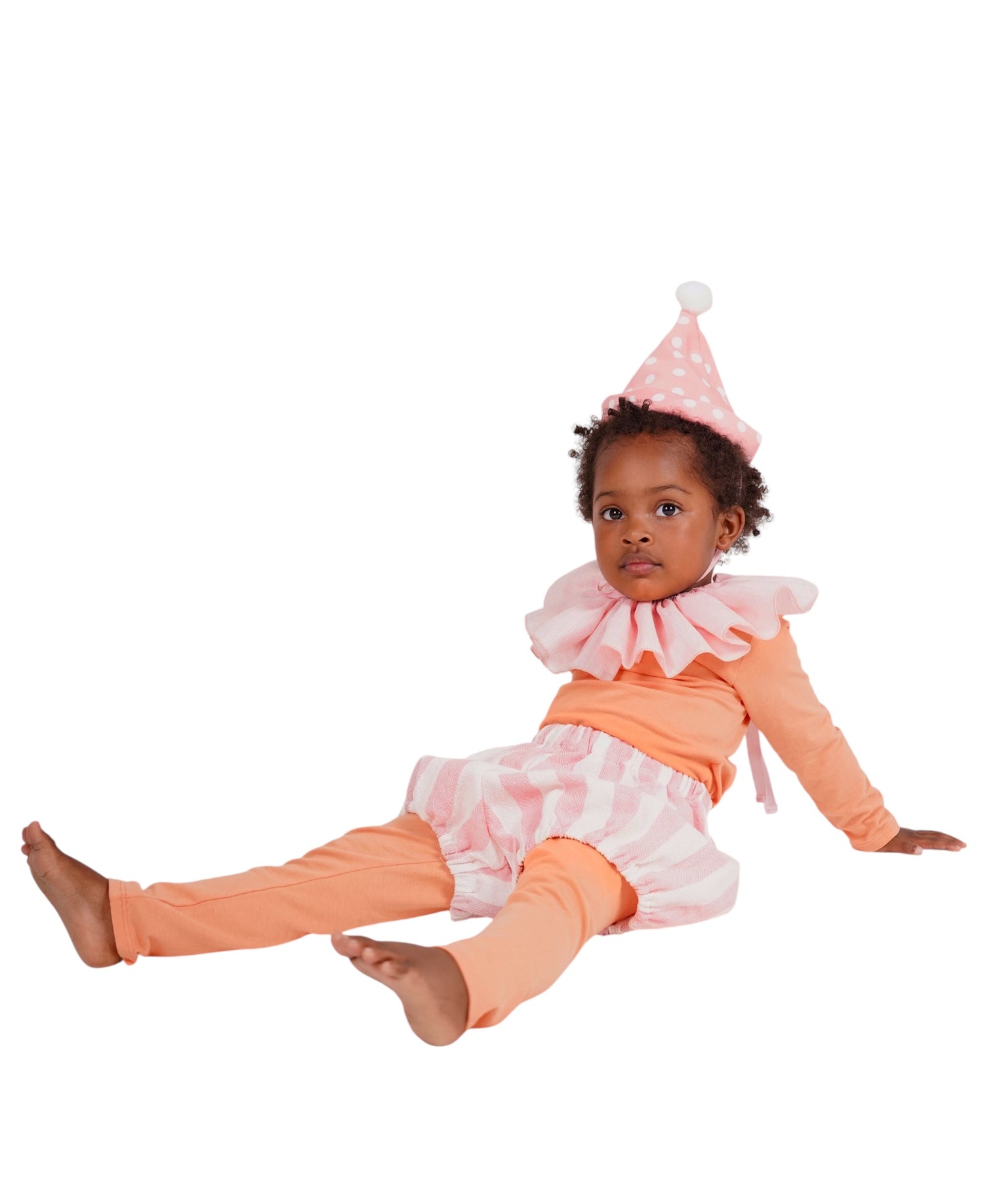 Child wearing a clown costume with pink and orange outfit on a white background, Pink Clown Costume – Baby / Kids’ Dress Up & Pretend Play