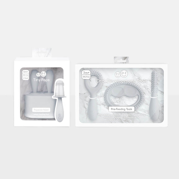 Pre-feeding set by ezpz in pewter light gray includes the tiny pops and oral development tools (silicone teethers) #color_pewter / Pre-Feeding Set – Build Baby’s First Skills for Babies & Toddlers by ezpz