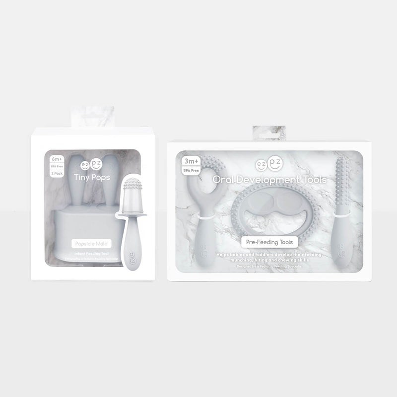 Pre-feeding set by ezpz in pewter light gray includes the tiny pops and oral development tools (silicone teethers) #color_pewter / Pre-Feeding Set – Build Baby’s First Skills for Babies & Toddlers by ezpz