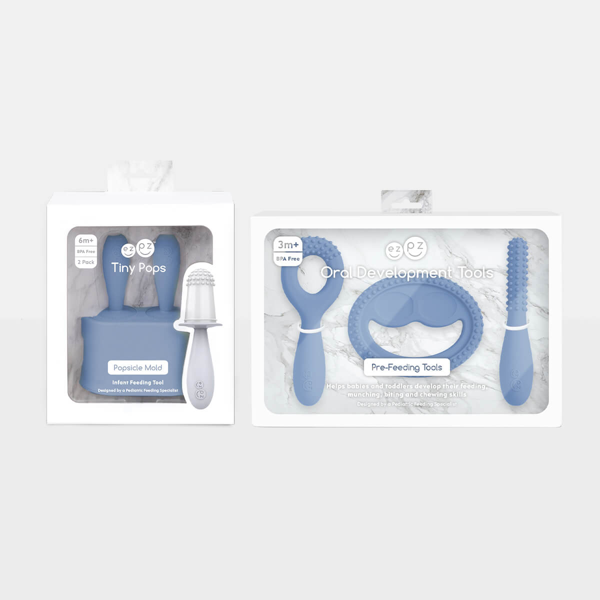 Pre-feeding set by ezpz in indigo blue includes the tiny pops (popsicle molds) and oral development tools (silicone teethers) #color_indigo / Pre-Feeding Set – Build Baby’s First Skills for Babies & Toddlers by ezpz