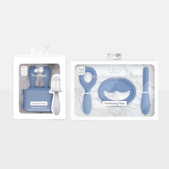 Pre-feeding set by ezpz in indigo blue includes the tiny pops (popsicle molds) and oral development tools (silicone teethers) #color_indigo / Pre-Feeding Set – Build Baby’s First Skills for Babies & Toddlers by ezpz