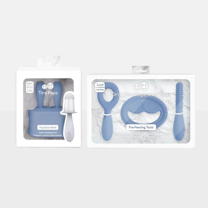 Pre-feeding set by ezpz in indigo blue includes the tiny pops (popsicle molds) and oral development tools (silicone teethers) #color_indigo / Pre-Feeding Set – Build Baby’s First Skills for Babies & Toddlers by ezpz