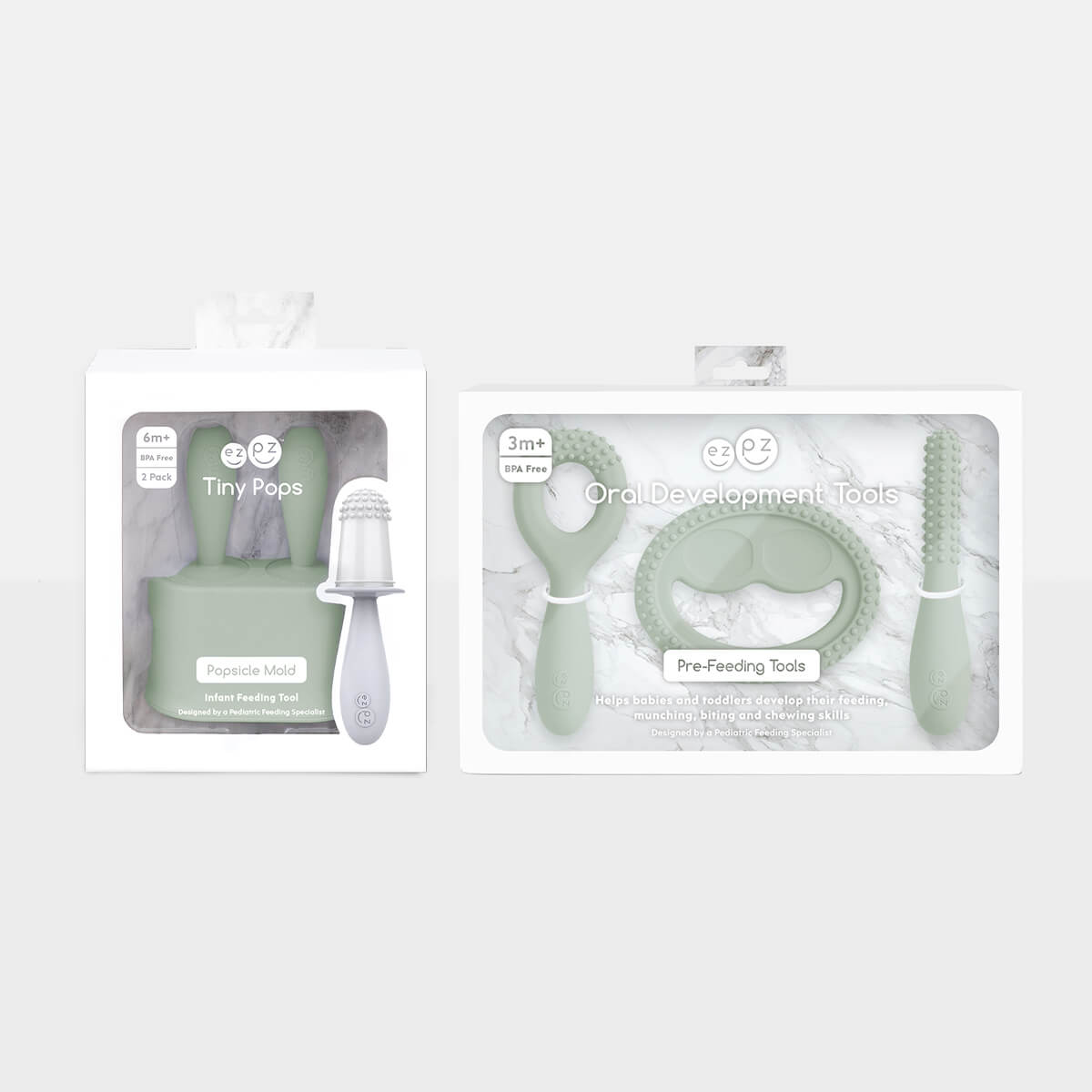Pre-feeding set by ezpz in sage green includes the tiny pops and oral development tools (silicone teethers) #color_sage / Pre-Feeding Set – Build Baby’s First Skills for Babies & Toddlers by ezpz