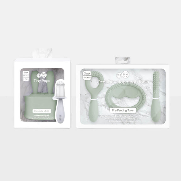 Pre-feeding set by ezpz in sage green includes the tiny pops and oral development tools (silicone teethers) #color_sage / Pre-Feeding Set – Build Baby’s First Skills for Babies & Toddlers by ezpz
