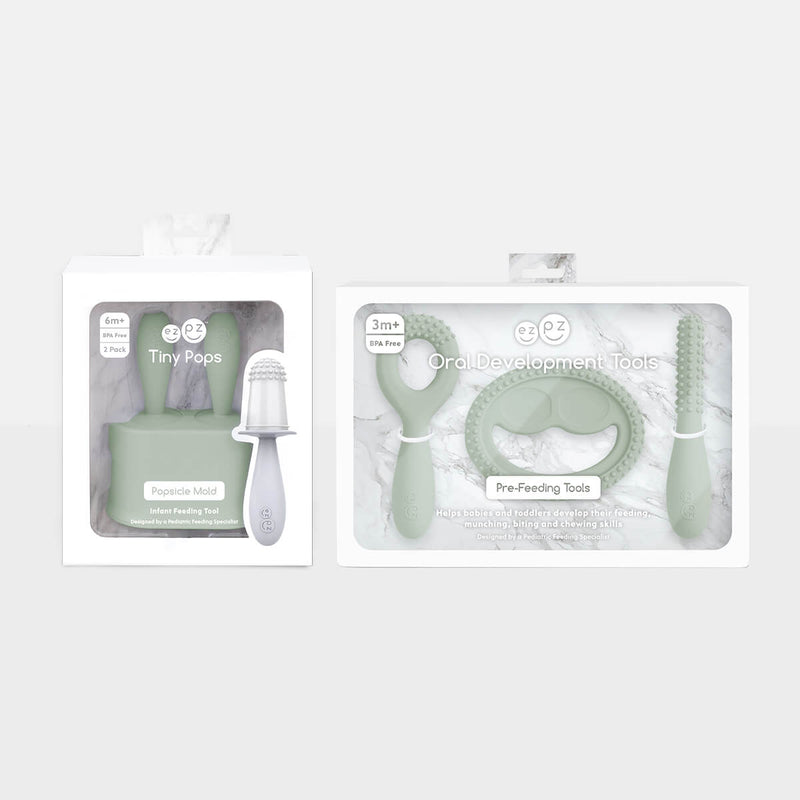 Pre-feeding set by ezpz in sage green includes the tiny pops and oral development tools (silicone teethers) #color_sage / Pre-Feeding Set – Build Baby’s First Skills for Babies & Toddlers by ezpz