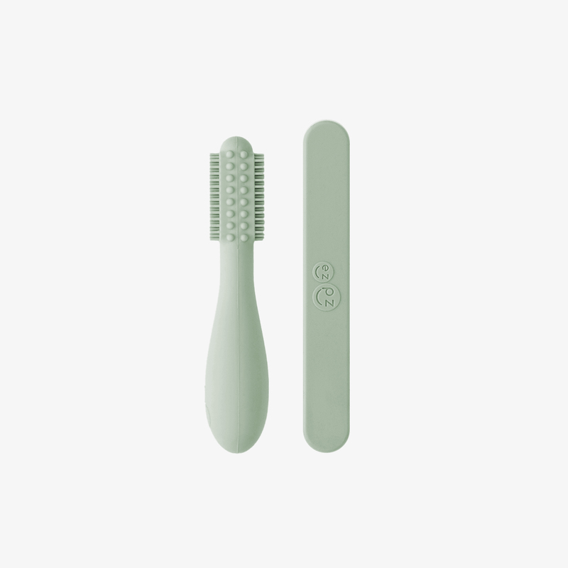 ezpz baby led toothbrush and sensory tongue depressor in sage green #color_sage