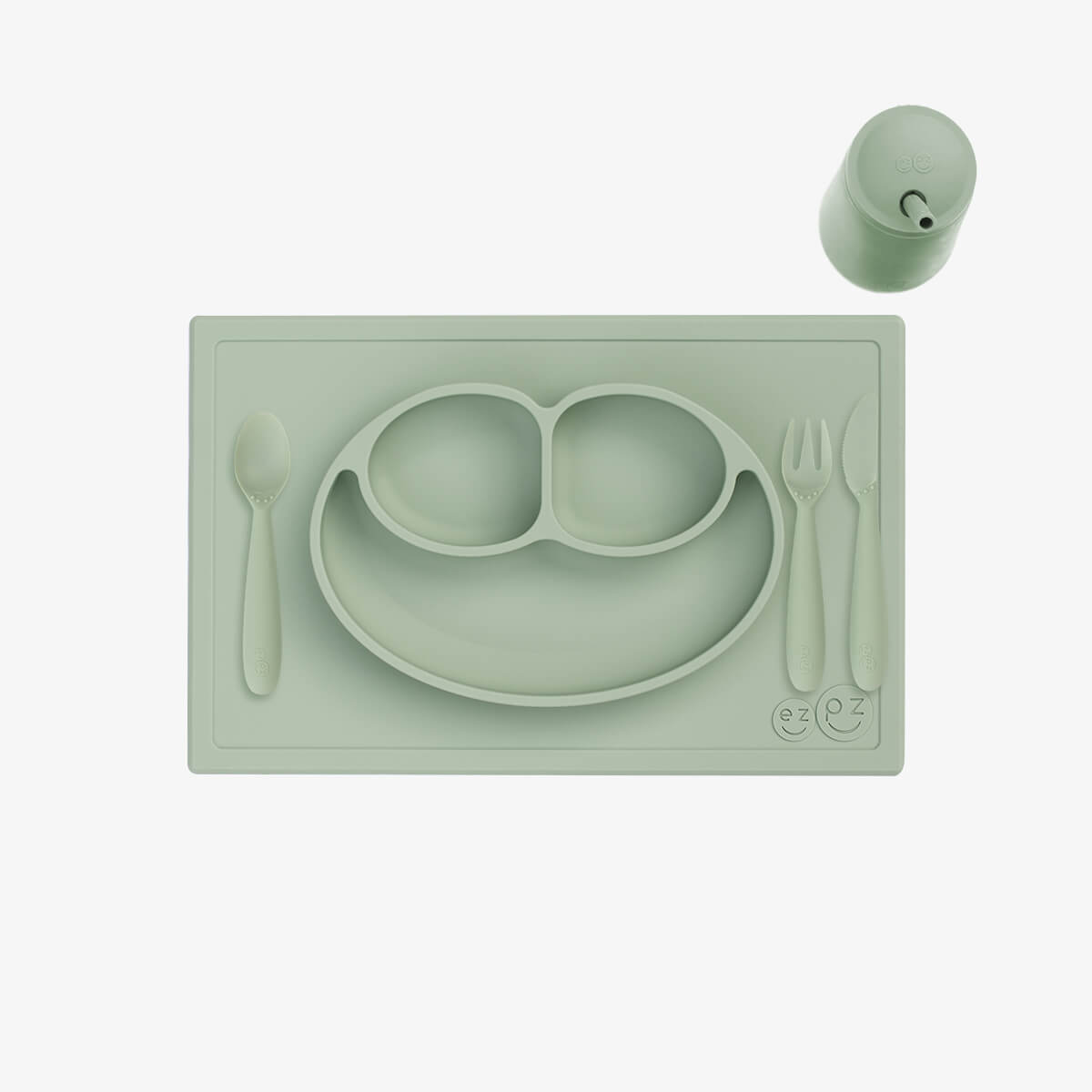 ezpz Happy Feeding Set in Sage / Silicone, Self-Suctioning Plate, Silicone Cup and Straw, Training Utensils for Toddlers #color_sage