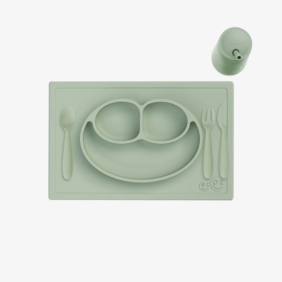 ezpz Happy Feeding Set in Sage / Silicone, Self-Suctioning Plate, Silicone Cup and Straw, Training Utensils for Toddlers #color_sage