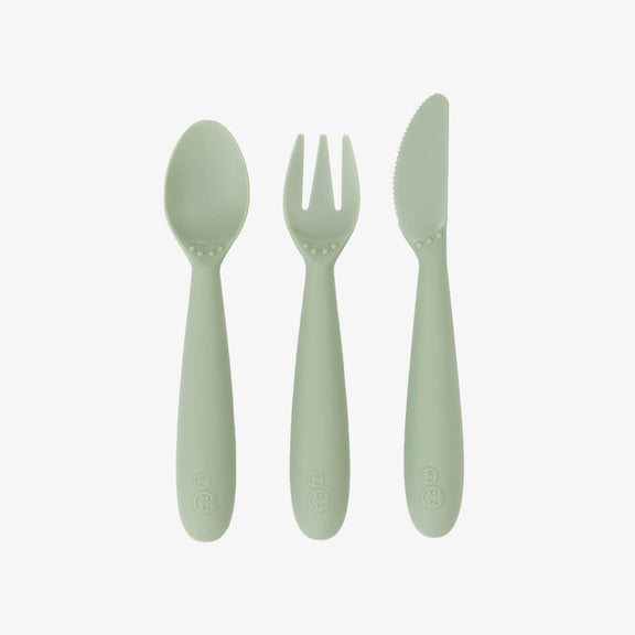 Happy Utensils in Sage by ezpz / Silicone Spoon, Fork and Knife Set for Kids #color_sage