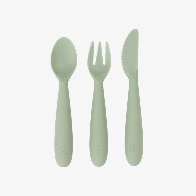 Happy Utensils in Sage by ezpz / Silicone Spoon, Fork and Knife Set for Kids #color_sage