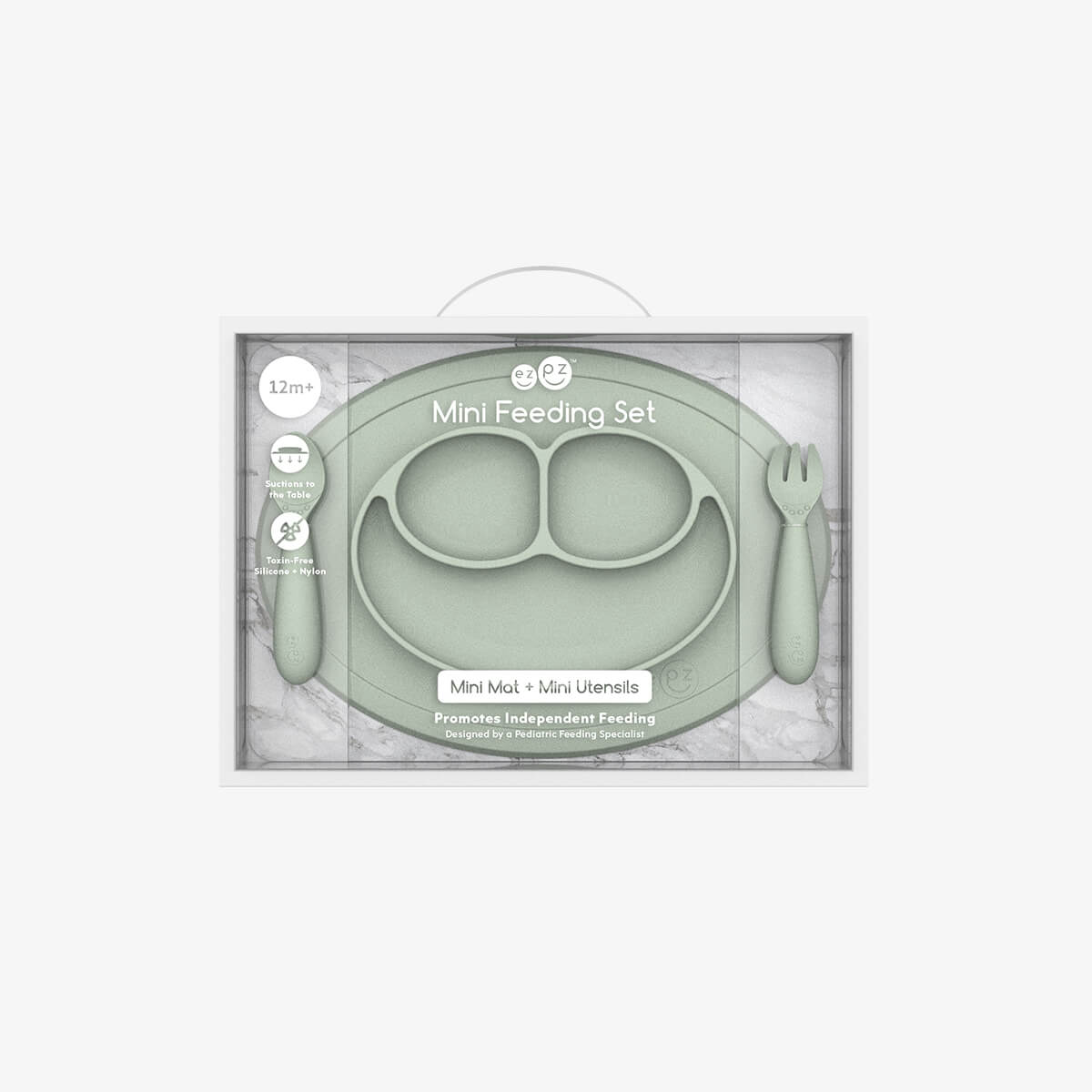 Mini Feeding Set in Sage by ezpz / Silicone Plate, Fork & Spoon for Toddlers #color_sage