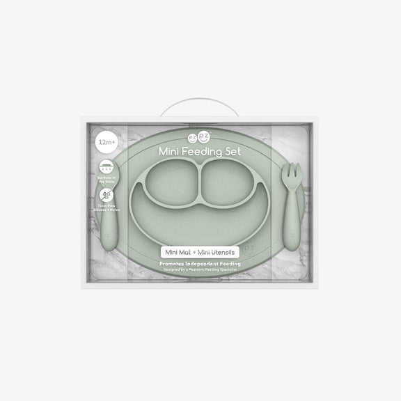 Mini Feeding Set in Sage by ezpz / Silicone Plate, Fork & Spoon for Toddlers #color_sage